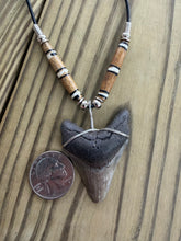 Load image into Gallery viewer, 1 7/8 Inch Megalodon Shark Tooth Necklace | Chipped Tip | Dark Brown and Gray
