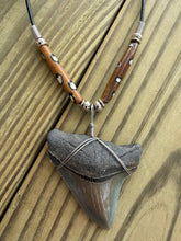 Load image into Gallery viewer, 2 1/8 Inch Megalodon Shark Tooth Necklace | Earthy Gray | Spotted Bone Beads