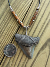 Load image into Gallery viewer, 2 1/8 Inch Megalodon Shark Tooth Necklace | Earthy Gray | Spotted Bone Beads