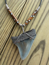 Load image into Gallery viewer, 2 1/8 Inch Megalodon Shark Tooth Necklace | Earthy Gray | Spotted Bone Beads