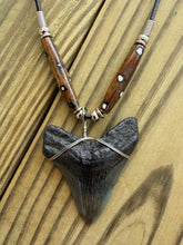 Load image into Gallery viewer, 2 3/16 Inch Megalodon Shark Tooth Necklace | Deep Gray Charcoal Fossil | Handmade USA