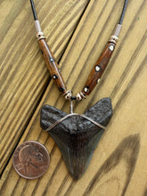 Load image into Gallery viewer, 2 3/16 Inch Megalodon Shark Tooth Necklace | Deep Gray Charcoal Fossil | Handmade USA