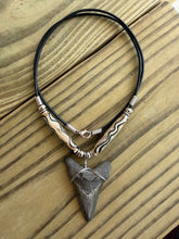 Load image into Gallery viewer, 1 7/8 Inch Megalodon Shark Tooth Necklace | Earthy Gray | Wave Pattern Bone Beads
