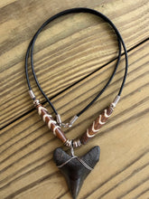 Load image into Gallery viewer, 1 15/16 Inch Megalodon Shark Tooth Necklace | Gray Charcoal | Diagonal Stripe Bone Beads