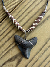 Load image into Gallery viewer, 1 13/16 Inch Megalodon Shark Tooth Necklace | Charcoal Gray | Wave Stripe Bone Beads