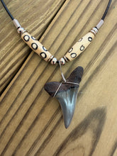 Load image into Gallery viewer, Fossil Mako Shark Tooth Necklace with Spotted Bone Beads 1 9/16 Inch