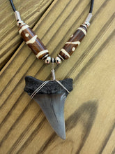 Load image into Gallery viewer, Charcoal Gray Fossil Mako Shark Tooth Necklace with Brown Bone Beads 3/4 Inch
