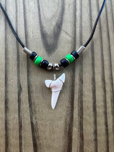 Load image into Gallery viewer, White Shark Tooth Necklace With 3 Bead Design Black and Lime Green
