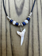 Load image into Gallery viewer, White Shark Tooth Necklace Dark Blue and White Beads