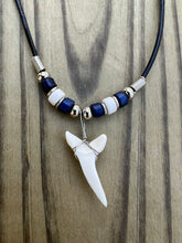 Load image into Gallery viewer, White Shark Tooth Necklace Dark Blue and White Beads