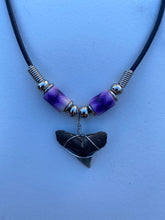 Load image into Gallery viewer, Shark Tooth Necklace Purple and White Femo Beads