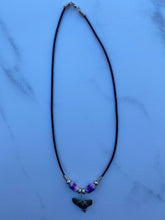 Load image into Gallery viewer, Shark Tooth Necklace Purple and White Femo Beads
