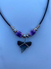 Load image into Gallery viewer, Shark Tooth Necklace Purple and White Femo Beads