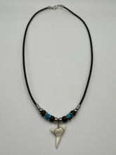 Load image into Gallery viewer, White Mako Shark Tooth Necklace Blue and Black Speckled Beads
