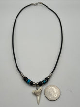 Load image into Gallery viewer, White Mako Shark Tooth Necklace Blue and Black Speckled Beads