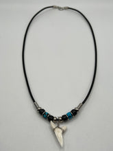 Load image into Gallery viewer, White Mako Shark Tooth Necklace Blue and Black Speckled Beads