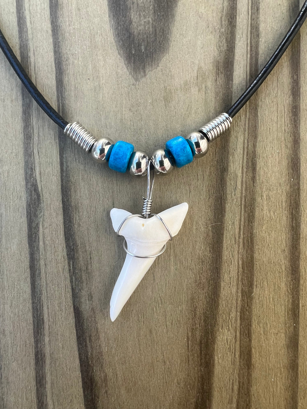 White Shark Tooth Necklace With Light Blue Beads