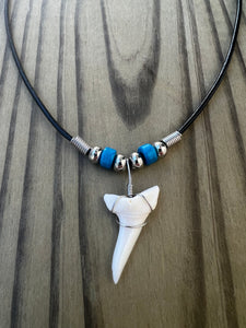 White Shark Tooth Necklace With Light Blue Beads