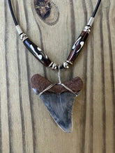 Load image into Gallery viewer, 1 3/4 Inch Fossilized Angustiden Shark Tooth Necklace featuring Brown and White Bone Beads
