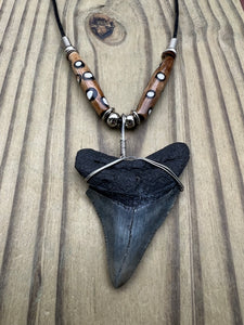 2 3/16 inch Fossilized Megalodon Shark Tooth Necklace featuring Brown Bones with White Dots