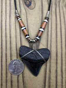 2 inch Fossilized Megalodon Shark Tooth Necklace featuring Brown Bones with White Rings