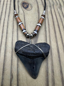 2 inch Fossilized Megalodon Shark Tooth Necklace featuring Brown Bones with White Rings