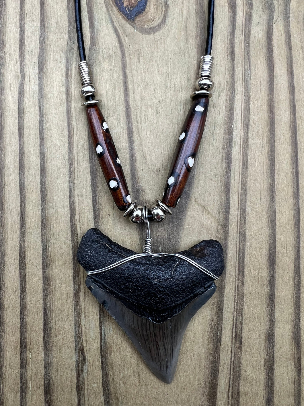 2 1/16 inch Fossilized Megalodon Shark Tooth Necklace Featuring Brown Bone Beads with White Dots