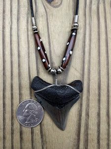 2 1/16 inch Fossilized Megalodon Shark Tooth Necklace Featuring Brown Bone Beads with White Dots