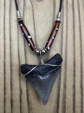 Load image into Gallery viewer, 2 1/16 inch Fossilized Megalodon Shark Tooth Necklace Featuring Brown Bone Beads with White Dots

