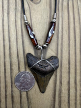 Load image into Gallery viewer, 2 inch Fossilized Megalodon Shark Tooth Necklace With Brown and White Bone Beads
