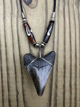 Load image into Gallery viewer, 2 inch Fossilized Megalodon Shark Tooth Necklace With Brown and White Bone Beads
