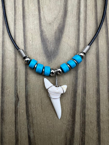 White Shark Tooth Necklace With 3 Turquoise Bead Design