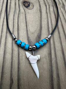 White Shark Tooth Necklace With 3 Turquoise Bead Design