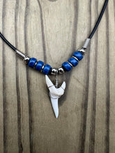Load image into Gallery viewer, White Shark Tooth Necklace With 3 Bead Design Dark Blue
