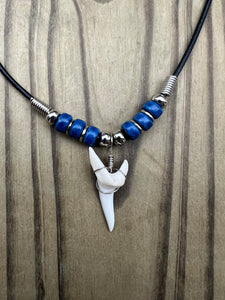 White Shark Tooth Necklace With 3 Bead Design Dark Blue