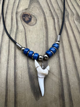 Load image into Gallery viewer, White Shark Tooth Necklace With 3 Bead Design Dark Blue
