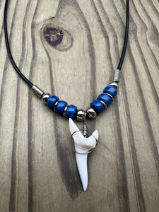 White Shark Tooth Necklace With 3 Bead Design Dark Blue