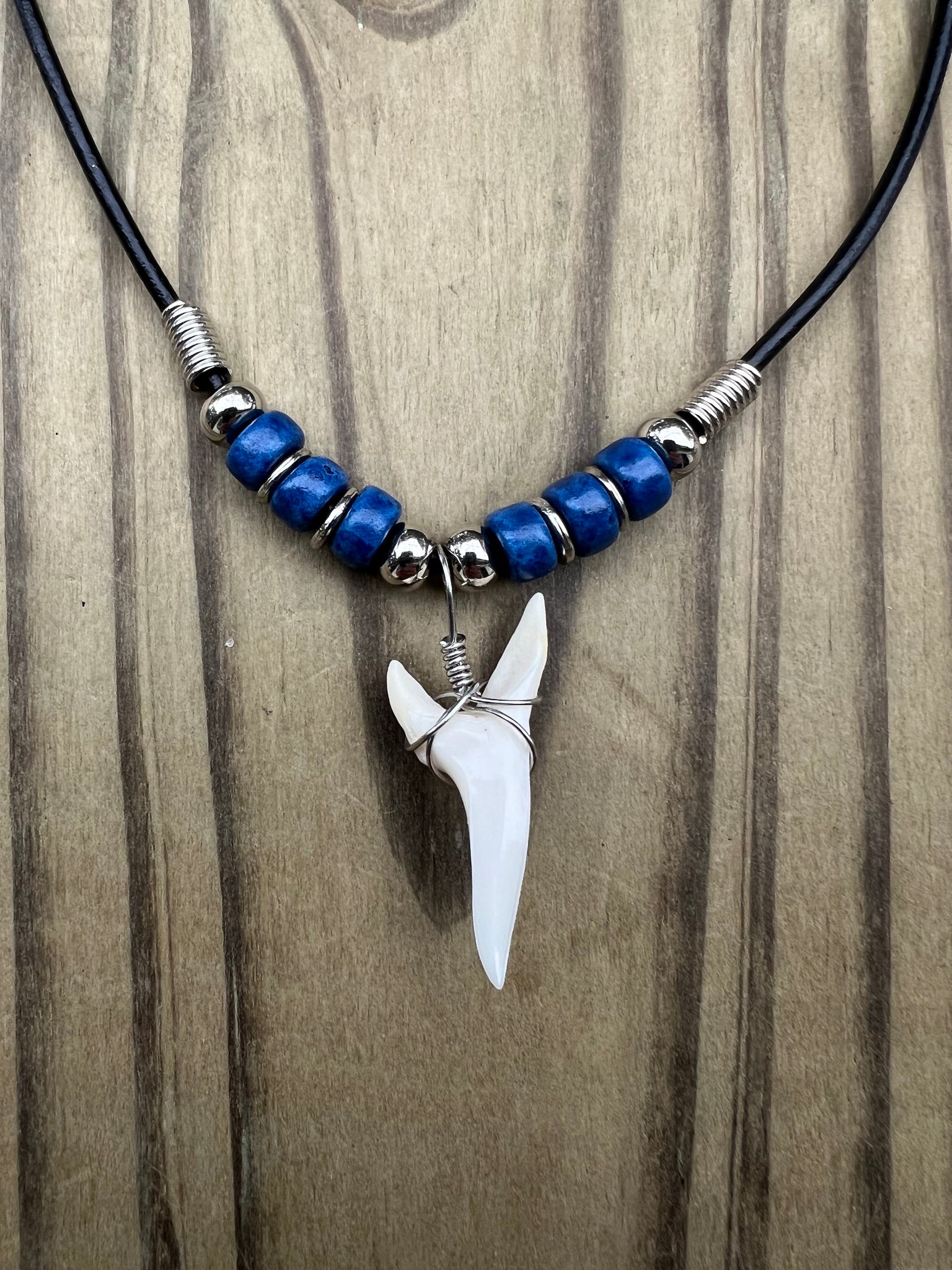 White Shark Tooth Necklace With 3 Bead Design Dark Blue Real Shark Tooth Necklaces
