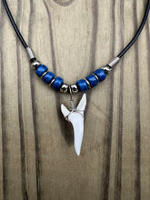 Load image into Gallery viewer, White Shark Tooth Necklace With 3 Bead Design Dark Blue
