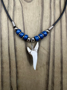 White Shark Tooth Necklace With 3 Bead Design Dark Blue