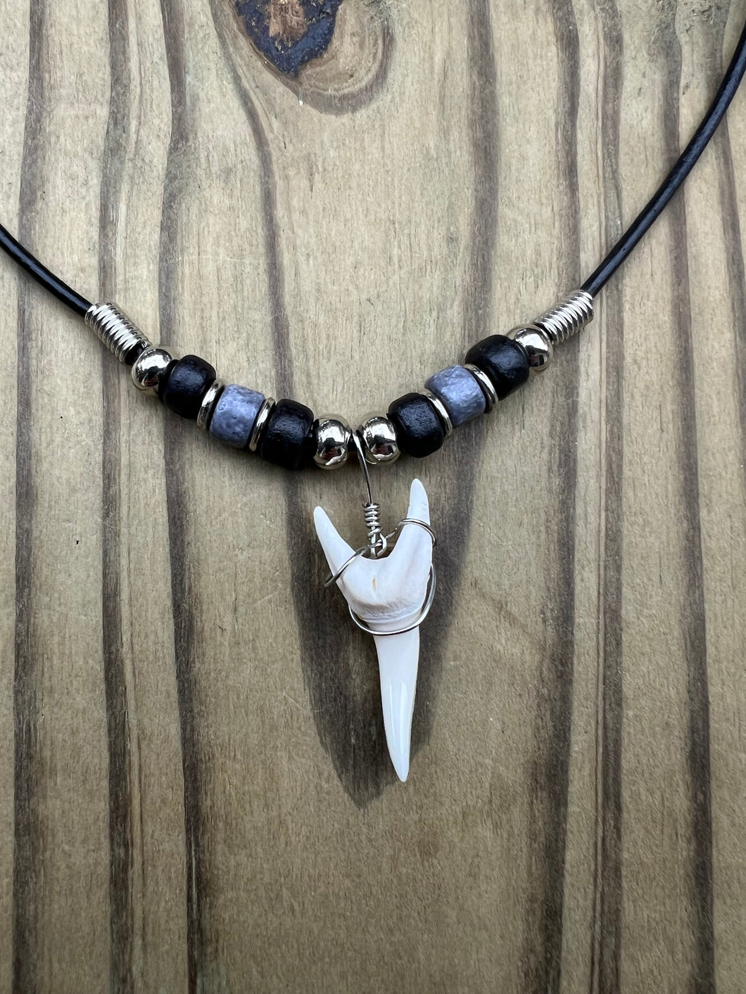 White Shark Tooth Necklace With Black and Gray Beads