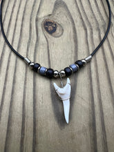 Load image into Gallery viewer, White Shark Tooth Necklace With Black and Gray Beads
