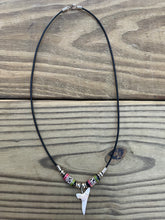 Load image into Gallery viewer, White Mako Shark Tooth Necklace With Green and Pink Peruvian Ceramic Beads
