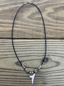 White Mako Shark Tooth Necklace With Green and Pink Peruvian Ceramic Beads