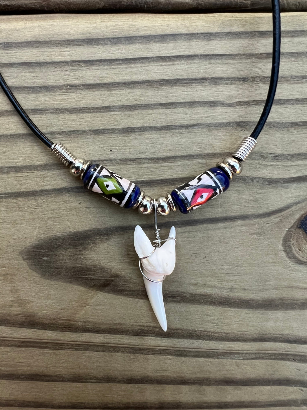 White Mako Shark Tooth Necklace With Green and Red Peruvian Ceramic Beads