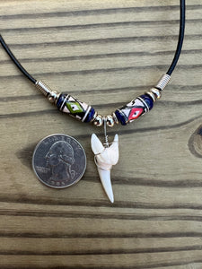 White Mako Shark Tooth Necklace With Green and Red Peruvian Ceramic Beads