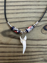 Load image into Gallery viewer, White Mako Shark Tooth Necklace With Green and Red Peruvian Ceramic Beads
