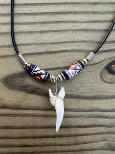 White Mako Shark Tooth Necklace With Green and Red Peruvian Ceramic Beads