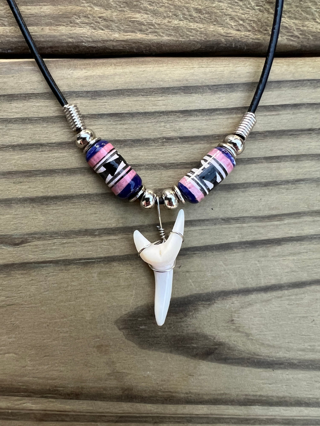 White Mako Shark Tooth Necklace With Purple and Pink Peruvian Ceramic Beads