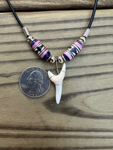 Load image into Gallery viewer, White Mako Shark Tooth Necklace With Purple and Pink Peruvian Ceramic Beads
